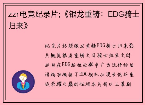 zzr电竞纪录片;《银龙重铸：EDG骑士归来》